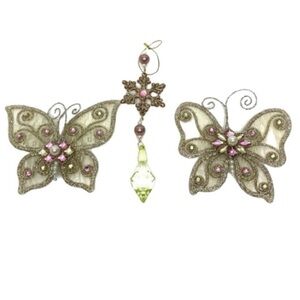 Glitter Butterfly & Snowflake Jewel Feminine Christmas Tree Ornaments Set Of 3